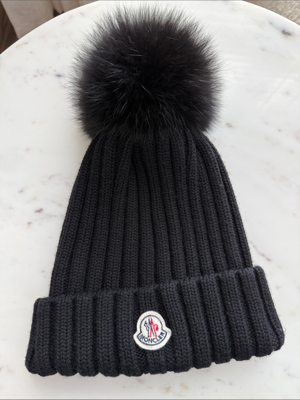Moncler Berretto Black Ribbed Knit Beanie with Fur Pom